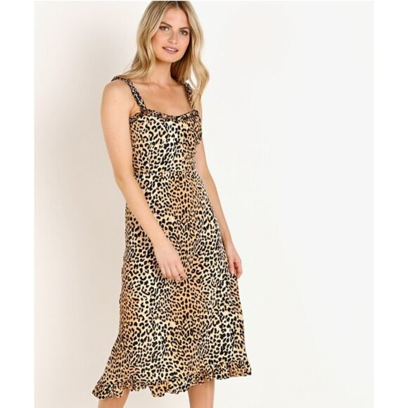 Faithfull the Brand Noemie Dress 2 XS Leopard Print Midi Length Slip Smocked Zip - Picture 1 of 15